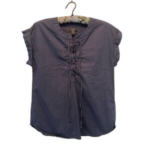 J. Crew Navy Cotton Lace Up Front Rolled Cap Sleeve Top size 2